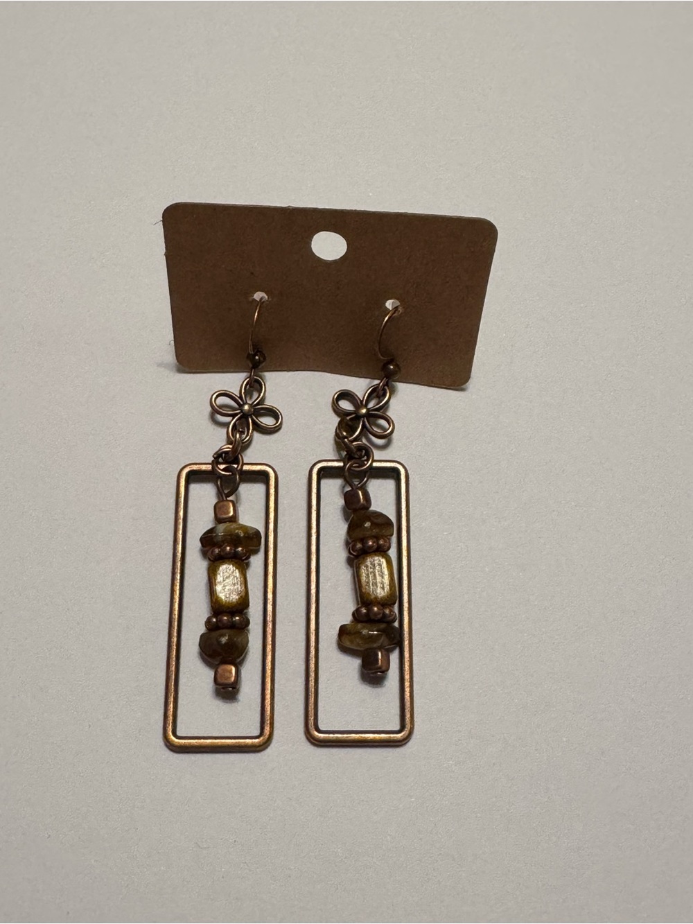 Boho Copper Tone Rectangle Brown Beaded Drop Earrings